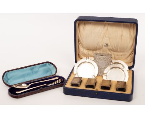 A set of four silver ashtrays and four silver matchbox covers, Mappin &amp; Webb, Birmingham 1933, with engine turned decorat