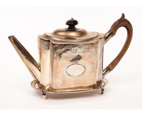 A George III silver teapot, James Mince, London 1795, with hinged cover, fruitwood handle and tapering spout and a teapot sta