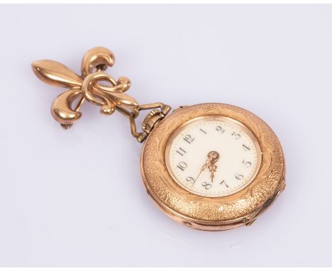 A Swiss 14k gold cased pocket watch, the cream enamel dial with Arabic numerals, case no 5435, the case back engraved a seate