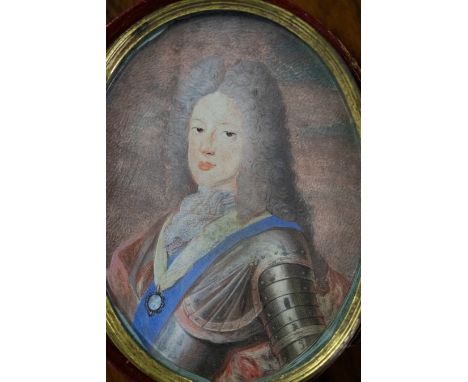 18th Century English School/Portrait Miniature of an Officer/wearing armour and a blue jewelled sash/watercolour on board, 8c