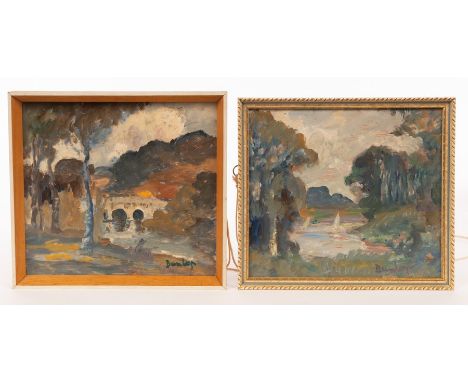 Ronald Ossory Dunlop (1894-1973)/On the River Dart/Devon Bridge/signed/both oil on board, 20cm x 22cm and 19cm x 22cm CONDITI