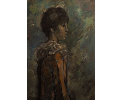 Ricardo Macarron/Harlequin/half-length portrait of a young girl wearing a white collar and colourful dress/oil on canvas, 72c