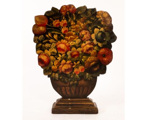 A floral decorated fireplace board in the shape of a large vase of flowers, 82cm high/Provenance: Spencer Swaffer Antiques CO