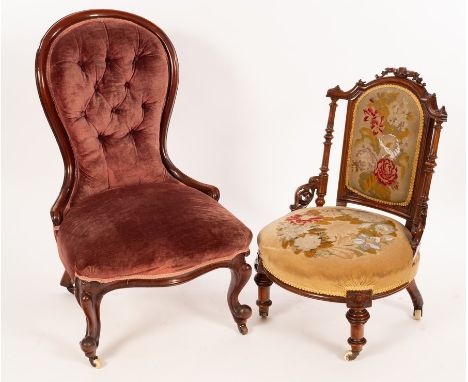 A Victorian walnut chair with deep button upholstery on moulded cabriole legs and another Victorian chair with floral upholst