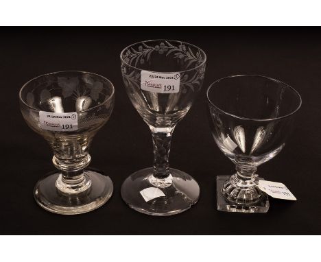 A Georgian rummer on a square lemon squeezer base, 14cm high, another engraved hops and barley, another with engraved border 