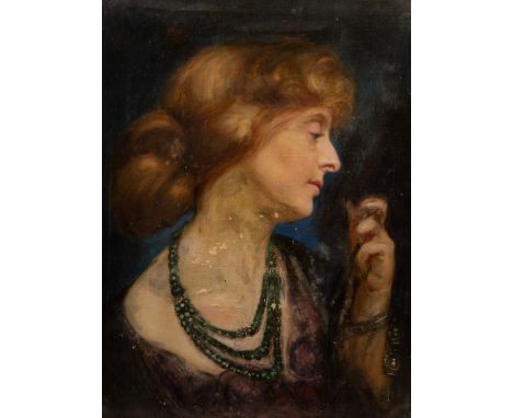 Early 20th Century English School/Portrait of a Lady/bust length, wearing a necklace of jade beads/oil on canvas, 50cm x 39.5