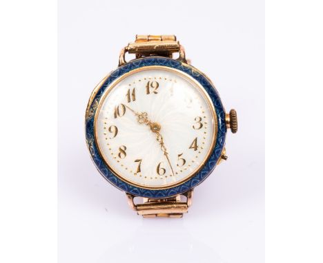 A Swiss enamel wristwatch by Gustave Badollet, the guilloche enamel dial with Arabic numerals, the case back signed, numbered