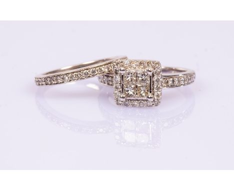 A diamond dress ring of square cluster shape with diamond set shoulders to a 18ct white gold shank, size K and a matching ete