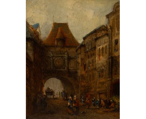 Early 19th Century Flemish School/Street Scene/clock tower above an arch, figures, a carriage etc./oil on panel, 18cm x 14cm 