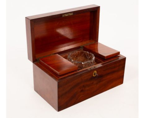 A George III mahogany tea caddy with two compartments and a mixing bowl, 32cm wide CONDITION REPORT: Condition information is