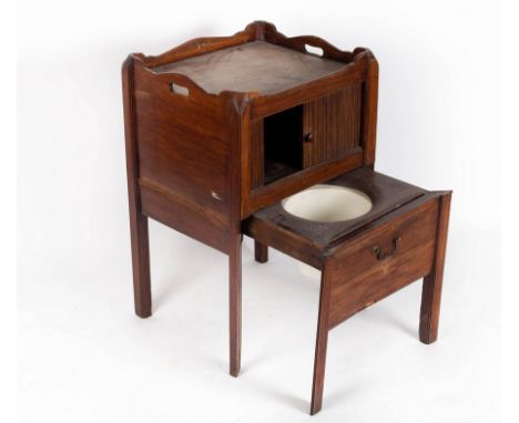 A late 18th Century mahogany tray-top bedside cupboard, with a tambour cupboard and pull out commode beneath, 51cm wide  COND
