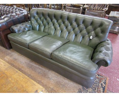 Retro bottle green leather 3 seater button back sofa