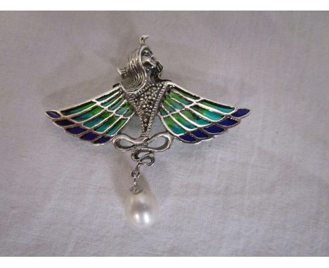 Silver champlevé enamel Art Nouveau style brooch