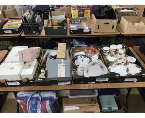 Four boxes including boxed Nao, Royal Albert Old Country Roses and two trays of miscellaneous china