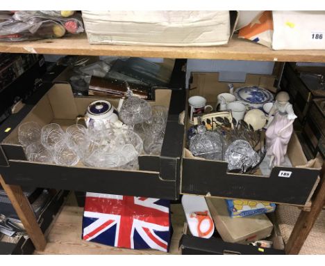 Three trays including cut glass, Nao figure etc.