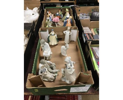 Two trays of figures, Royal Doulton, Lladro etc