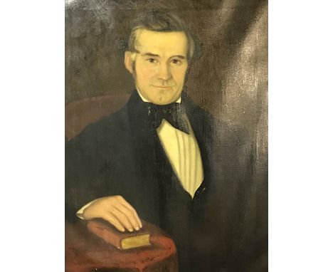 Victorian School, oil, unsigned, half length portrait of a Gentleman seated beside a table, 76 x 57cm