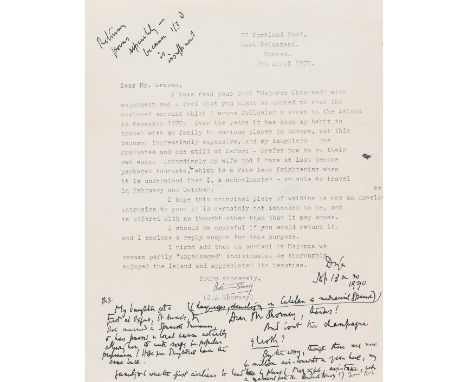 Graves (Robert, poet and novelist, 1895-1985) Autograph Letter signed "RG", ¼p., sm. 4to, Deyá, 13th April 1970, written as a