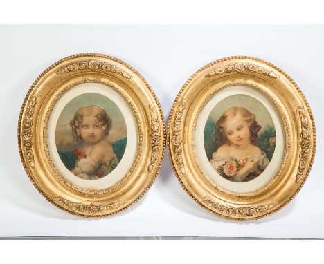 GEORGE C. LEIGNTON,
TWO VICTORIAN CHILD PORTRAITS
each coloured lithograph
each 14cm x 11cm 
Oval gilt frame and under glass
