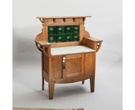 ARTS AND CRAFTS OAK WASHSTANDthe raised back inset with eight glazed ceramic tiles, flanked by raised sides, indented marble 