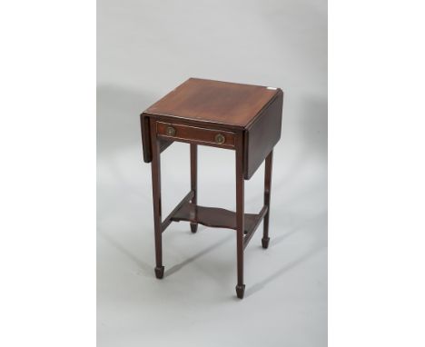 EDWARDIAN MAHOGANY TEA TABLE
of square form, over tapering legs with small stretcher shelf and single drawer. 72cm high