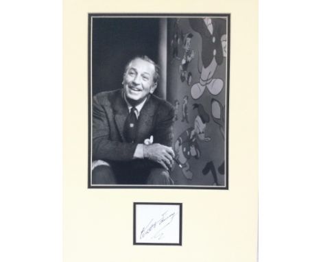 A mounted display of Walt Disney comprising signature and photographic print, with COA. Approx 30cm x 40cm.