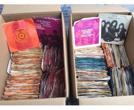 Two boxes of 7inch singles by various artists including Bob Dylan, The Byrds, Queen, Leonard Cohen and many more.