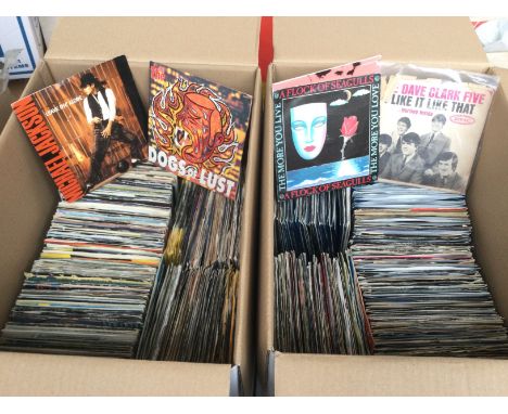 Two boxes of 7inch singles by various artists including Michael Jackson, A Flock Of Seagulls, The The, Sly & The Family Stone