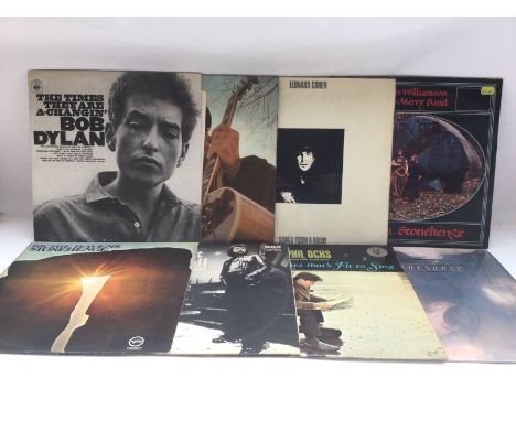 Eighteen folk rock LPs by various artists including Bob Dylan, Andy Roberts, Leonard Cohen and others.