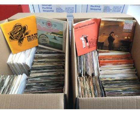 Two boxes of 7inch singles by various artists including Squeeze, Altered Images, The Police, Michael Jackson and many more.