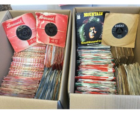 Two boxes of 7inch singles by various artists including Bill Haley, Buddy Holly, Carl Perkins, Javkie Wildon and many more.