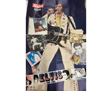 A selection of Elvis Presley related items to include large poster, badges, scarf, fanzines and paper ephemera