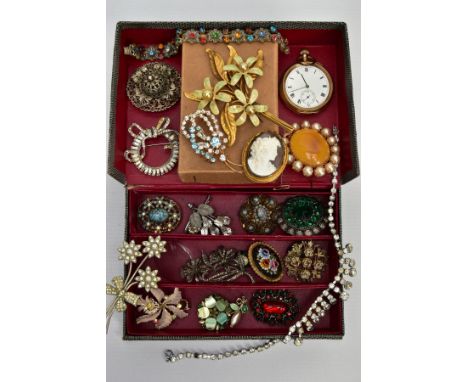 A BOX OF COSTUME JEWELLERY AND A GOLD PLATED POCKET WATCH, snake skin effect jewellery box with contents of costume jewellery