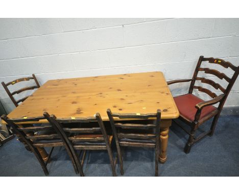 A LARGE PINE RECTANGULAR KITCHEN TABLE, length 154cm x depth 85cm x 76cm, on turned legs, along with five ladder back chairs,