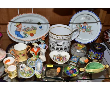 A GROUP OF ROYAL WORCESTER, SHELLEY, ETC, including three Royal Worcester blush ivory miniature mug, loving cup and tyg, deco