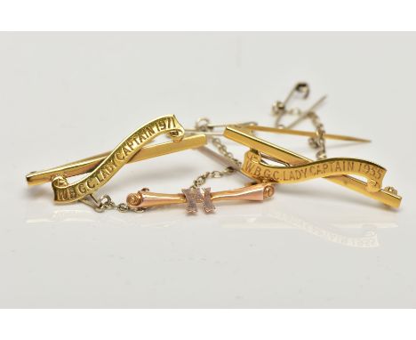 THREE BAR BROOCHES, to include two commemorative brooches for the 'W.B.G.C Lady captain' one dated 1971 the other dated 1955,