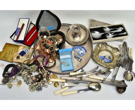 A BOX OF ASSORTED ITEMS,  to include two silver nursing medallions, hallmarked 'W M Dowler &amp; Sons' Birmingham, approximat