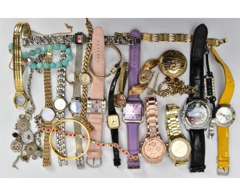 AN ASSORTMENT OF WATCHES AND JEWELLERY, to include an Ice Star novelty quartz wristwatch, the face with glitter detail depict