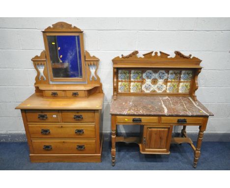 AN EDWARDIAN SATINWOOD TWO PIECE SUITE, comprising marble top washstand with a tile back, two drawers and a single cupboard d