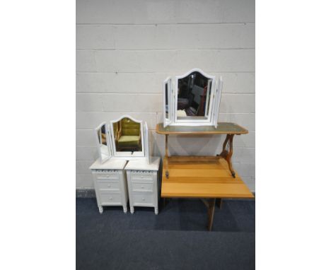 A PINE GATE LEG TABLE, along with a pair of white finish bedside chests, two white triple dressing table mirrors and a yew wo