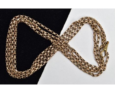 A YELLOW METAL LONGUARD CHAIN, belcher style chain, one link mounted with a '9ct' tag, fitted with a base metal lobster clasp