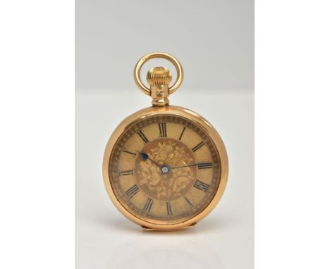 A LADIES 18CT GOLD OPEN FACE POCKET WATCH, working manual wind, gold floral detailed dial, black Roman numerals, blue hands, 