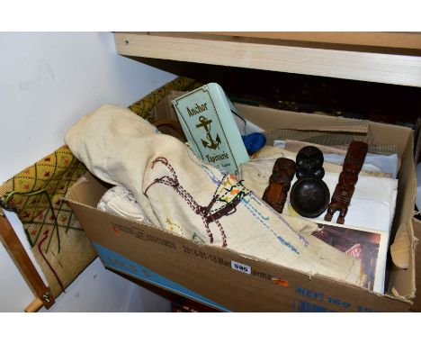 TWO BOXES AND LOOSE TREEN AND NEEDLEWORK, to include a wooden work box with original interior, a pair of carved Japanese koi 