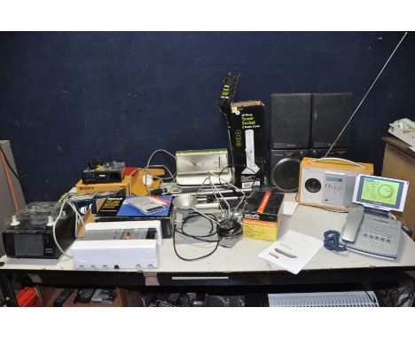 A COLLECTION OF HOUSEHOLD ELECTRICALS including a Pure DAB radio (missing one speaker grille), an Amstrad Emailer (both PAT p