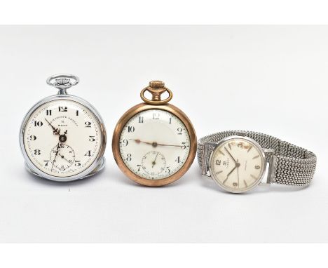 A 'TISSOT' WRISTWATCH AND TWO POCKET WATCHES, the watch has a hand wound movement (requires attention), round silver dial sig