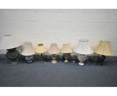 SEVEN VARIOUS MODERN TABLE LAMPS, of various styles, sizes and materials, including a Laura Ashley brass lamp (7)