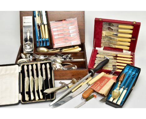 A WOODEN CUTLERY STORAGE BOX AND OTHER CUTLERY, the wooden box with a hinged lid filled with assorted cutlery, two boxes of b