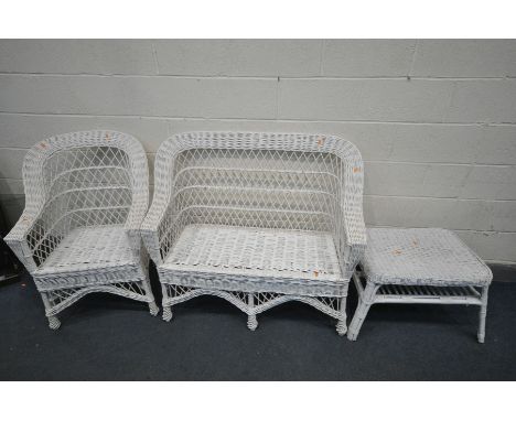 A PAINTED WICKER SOFA AND MATCHING ARMCHAIR, along with a similar coffee table (3)