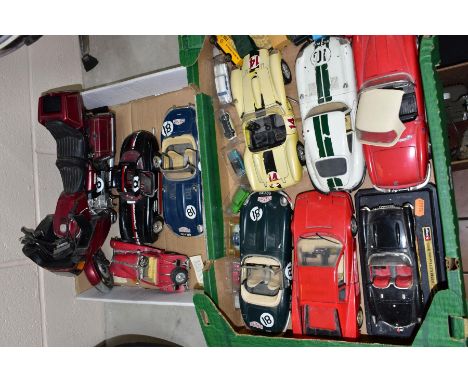 TWO TRAYS OF UNBOXED DIE-CAST MODEL VEHICLES, to include three 1/18 Bburago Jaguar E Type 1961, 1/18 Bburago Mercedes 300 SL 