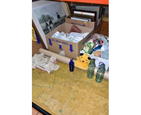 THREE BOXES AND LOOSE PICTURES, MAP, LINENS, SOFT TOYS AND SUNDRY ITEMS, to include a canvas backed copy of a map of Leiceste